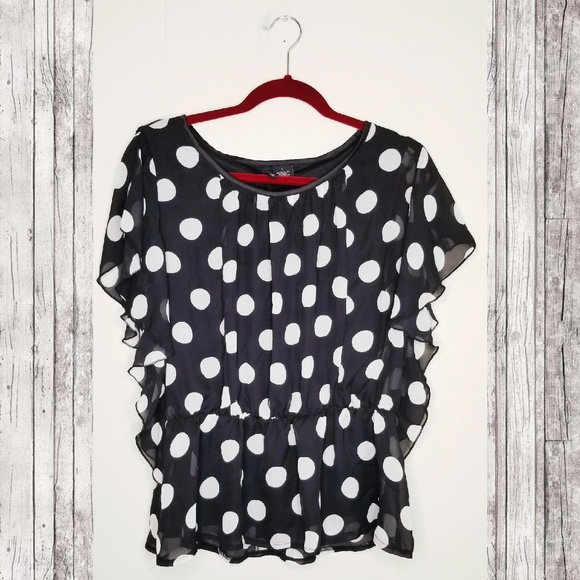 new directions Tops - Polka Dot Ruffle Smock Blouse - New Directions